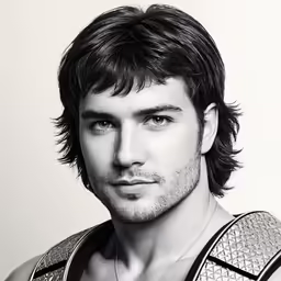 a black and white image of a man with a shirt on