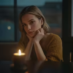 woman sitting at a table and looking in the camera with a candle lit