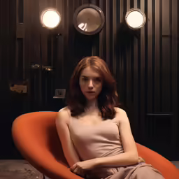 a woman sits in an orange chair in front of a wall