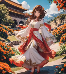 anime - style image with girl in oriental dress surrounded by orange flowers