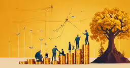 several business men with stacks of gold coins,a number of people on stacks of coins