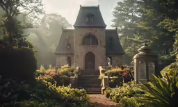 a building surrounded by lush vegetation and trees