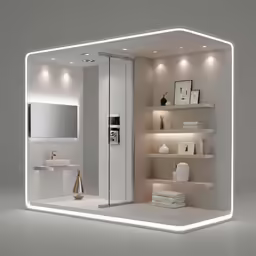 an image of a white bathroom with lots of shelves