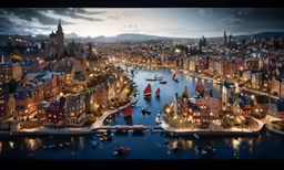 aerial view of city lit up at night by river