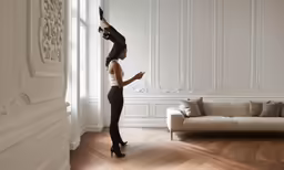 woman wearing a high heeled black sandals is on the edge of a window in her living room