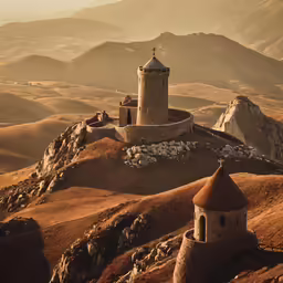 two old stone towers atop a rock cliff