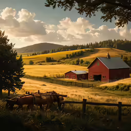 two cows and a red barn in a field