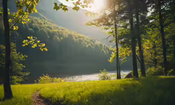 some trees are by the water and a path