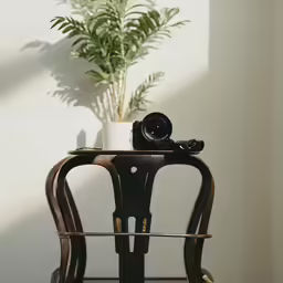 a camera and a vase sitting on a table
