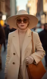 a woman wearing a hat and coat holding a bag