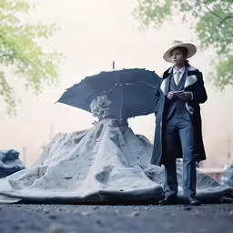 the man is under a large umbrella beside a tent