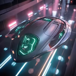 an alien ship, lit up in green neons