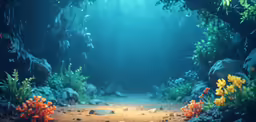 an underwater scene with corals, algae and other plants