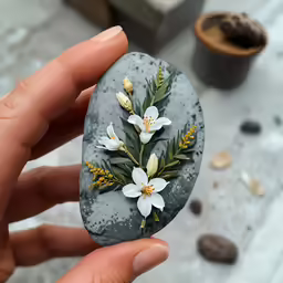 a person holding a stone with some flowers on it