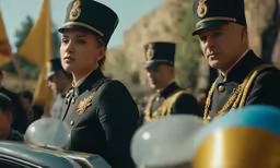 two military personnel are on horseback with flags and balloons