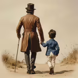 a man in trench coat walking down the dirt road with a little boy