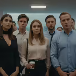 some people are standing with their heads close to each other