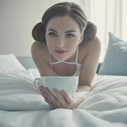 a woman laying on a bed holding a cup