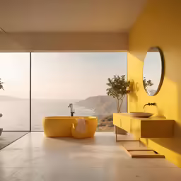 there is a large yellow bathtub next to the windows in this bathroom