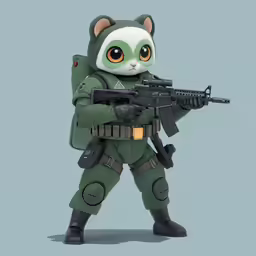 a character in a military suit holding an automatic rifle