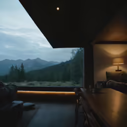 a view of a mountain through a glass window