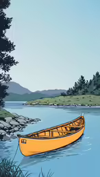 a yellow canoe sitting in water next to trees