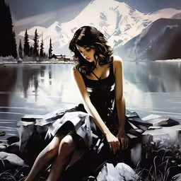 the painting depicts a woman sitting on the rocks by the water,a woman sitting on rocks in front of water