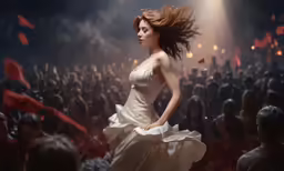 a woman with red hair is dancing in front of an audience