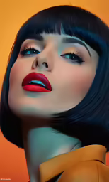 a woman with dark black hair and bright red lipstick