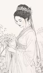 a drawing of an oriental woman in traditional dress and flowers