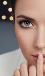 a woman is holding her finger up to her chin