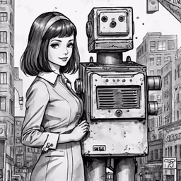 a woman standing next to an iron robot