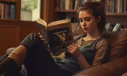 a young girl sitting on the couch and reading the book the song of tomorrow
