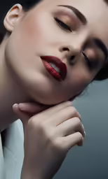 a woman with her eyes closed, her hand to her chin and her hands to the cheek