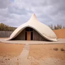 a white tent with steps leading to it on the desert
