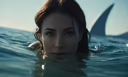 there is a woman with dark hair swimming in the water