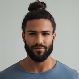 the man is shown wearing a long top knot
