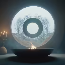 a black bowl with a flame in it in front of a circular cutout