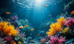 the sea bottom of a reef with fish and plants