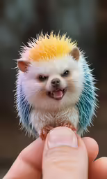 a small, yellow and blue hedgehog with an orange mohawk on its head