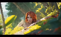a woman laying on grass in the woods with red hair