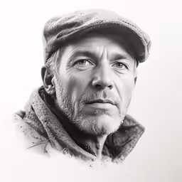 a black and white photo of a man wearing a hat and jacket