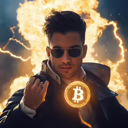 a man in sunglasses holding a bitcoin over his face