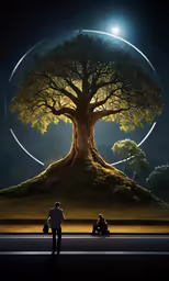 two people sit under an abstractly designed tree on a hill