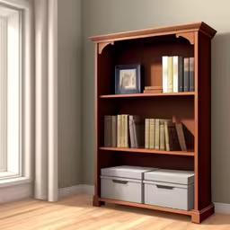 the bookshelf is full of many books in it,this is an image of a brown bookcase,an empty shelf is shown in this photo,this bookcase is in front of a window with a plant on top,a bookcase with two drawers inside of a room