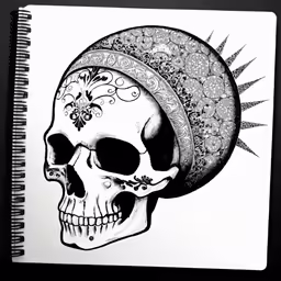 a black and white drawing of a skull with a floral crown on its head