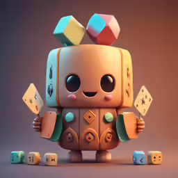 a brown robot holding some dice in its hands