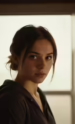 a woman with a black top staring into the camera