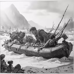 a group of people in a boat on some snow