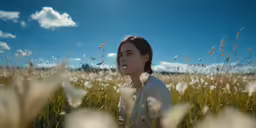 a woman stands among white flowers in a large field